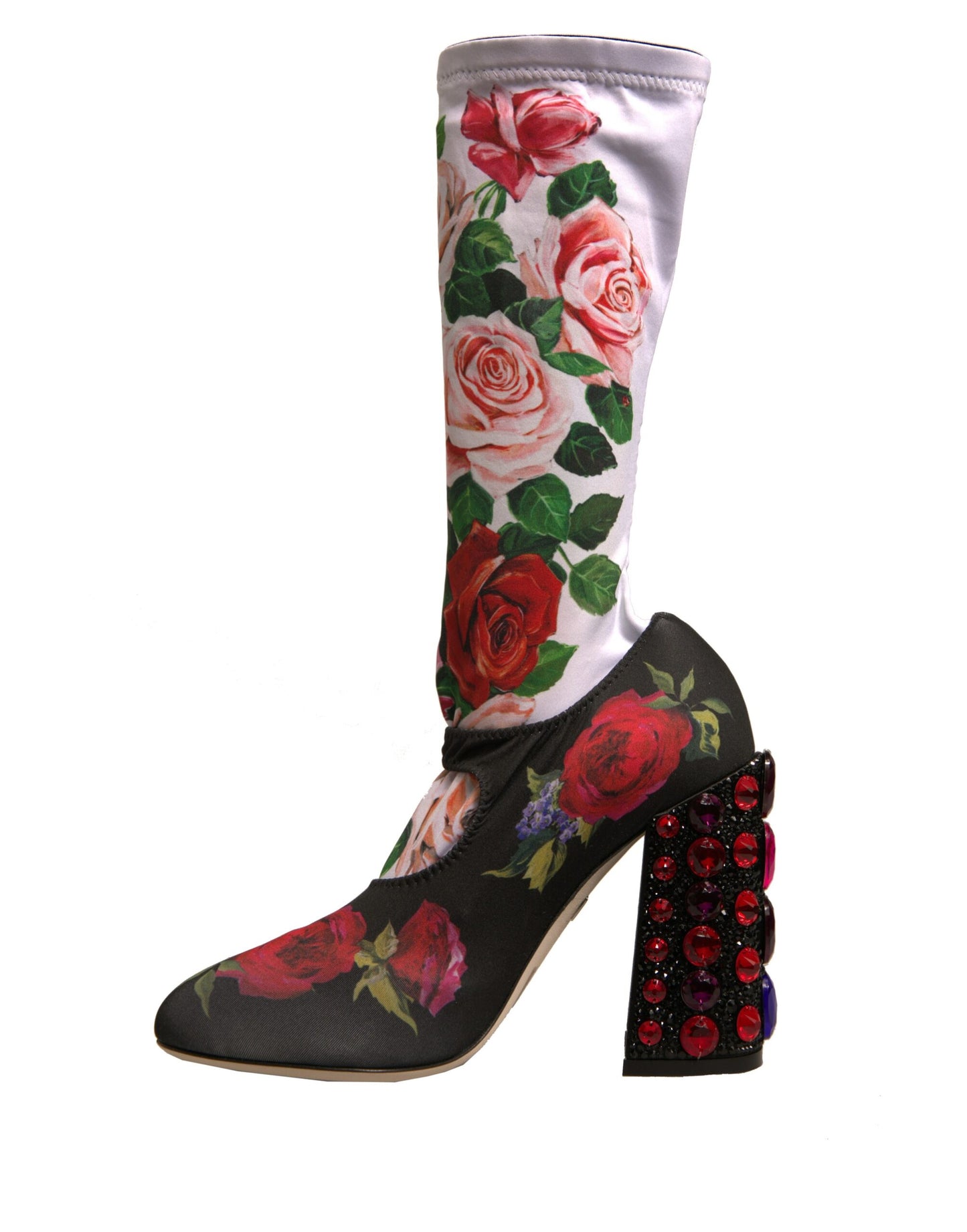 Dolce &amp; Gabbana Black Floral Socks Crystal Boots Jersey Shoes