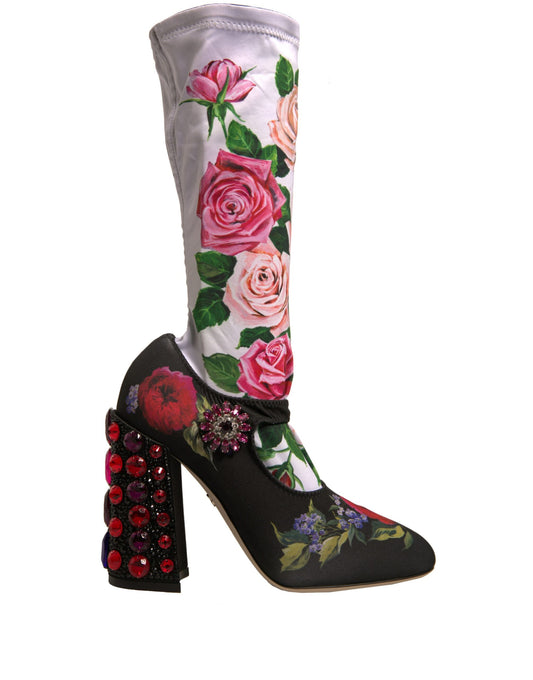 Dolce &amp; Gabbana Black Floral Socks Crystal Boots Jersey Shoes