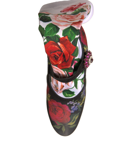 Dolce &amp; Gabbana Black Floral Socks Crystal Boots Jersey Shoes