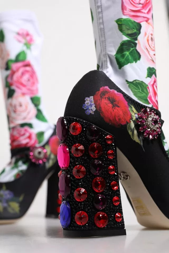 Dolce &amp; Gabbana Black Floral Socks Crystal Boots Jersey Shoes