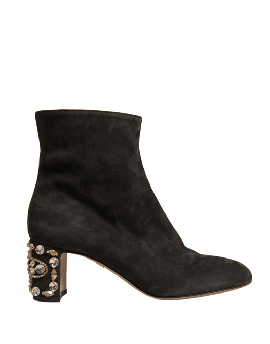 Dolce &amp; Gabbana Black Embellished Heel Ankle Boots Shoes