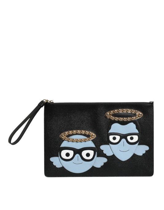 Dolce &amp; Gabbana Black Leather #DGFAMILY Embellished Men Zip Pouch Bag