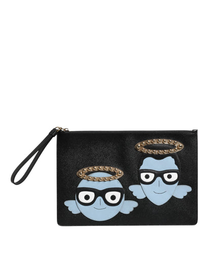 Dolce &amp; Gabbana Black Leather #DGFAMILY Embellished Men Zip Pouch Bag