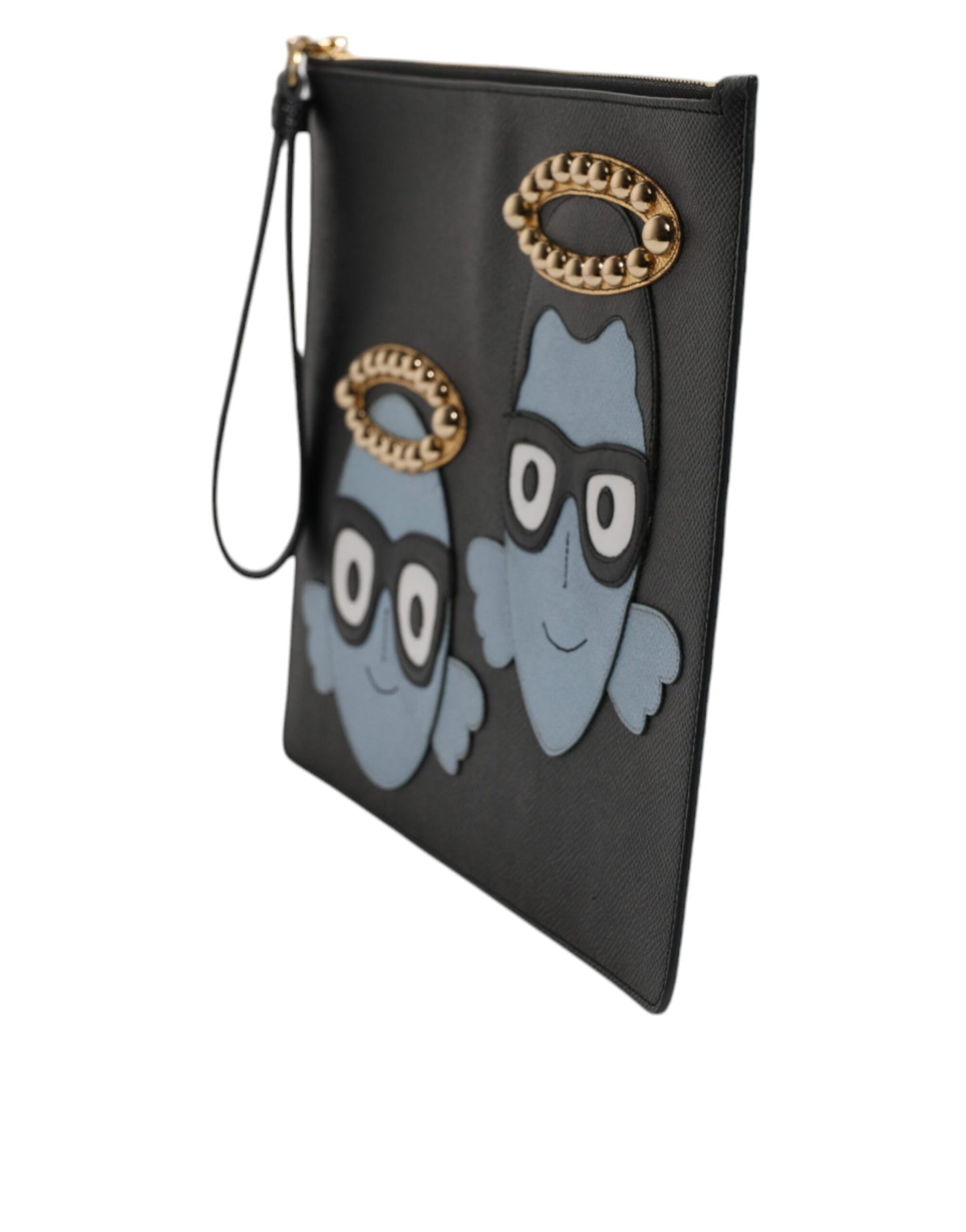 Dolce &amp; Gabbana Black Leather #DGFAMILY Embellished Men Zip Pouch Bag