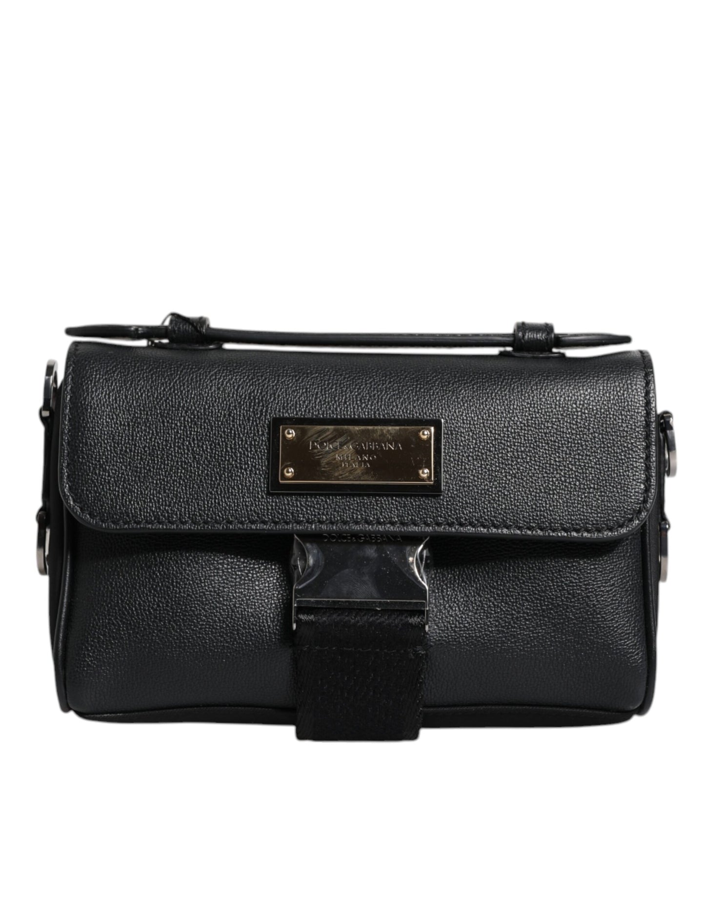 Dolce &amp; Gabbana Black Logo Plaque Leather Buckled Shoulder Crossbody Bag