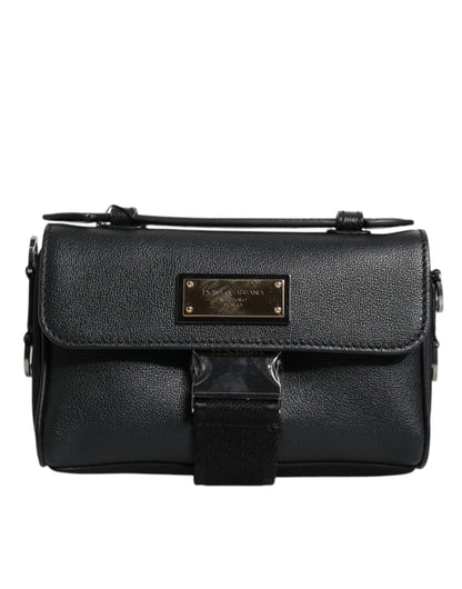 Dolce &amp; Gabbana Black Logo Plaque Leather Buckled Shoulder Crossbody Bag