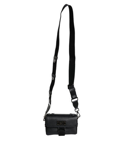 Dolce &amp; Gabbana Black Logo Plaque Leather Buckled Shoulder Crossbody Bag