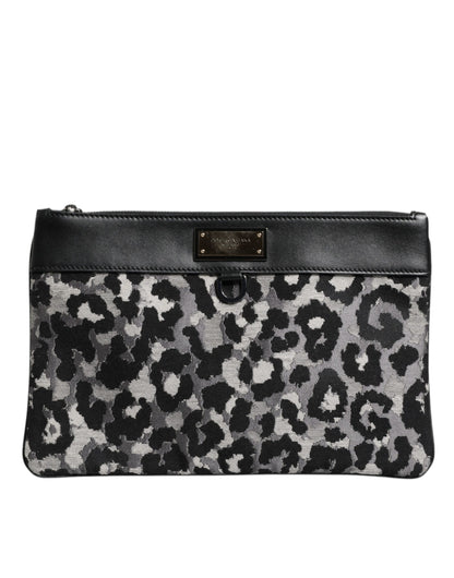 Dolce &amp; Gabbana Multicolor Leopard Jacquard Logo Plaque Men Pouch Bag
