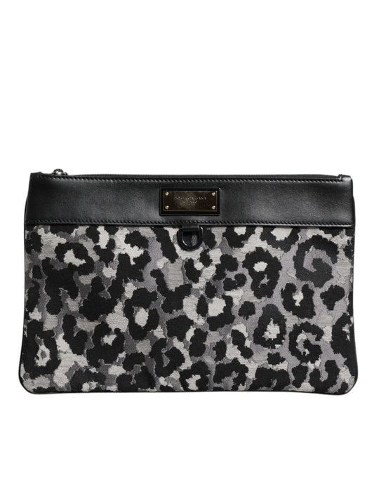 Dolce &amp; Gabbana Multicolor Leopard Jacquard Logo Plaque Men Pouch Bag
