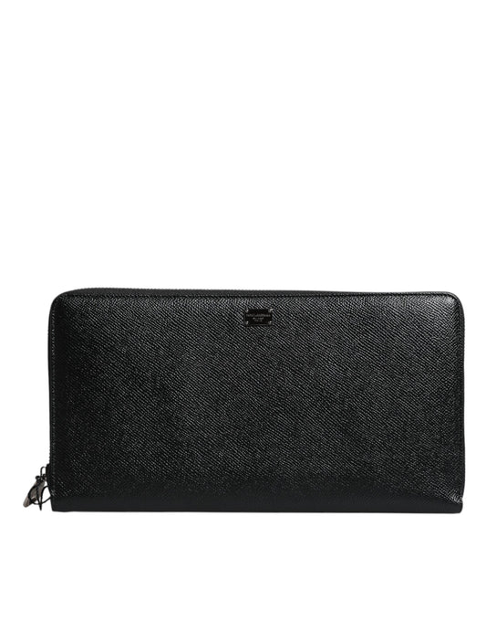Dolce &amp; Gabbana Black Calfskin Leather Logo Zip Around Continental Wallet