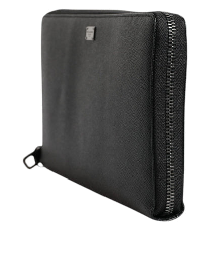 Dolce &amp; Gabbana Black Calfskin Leather Logo Zip Around Continental Wallet