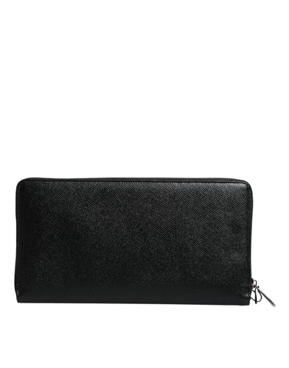 Dolce &amp; Gabbana Black Calfskin Leather Logo Zip Around Continental Wallet