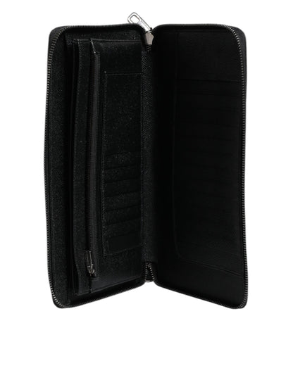 Dolce &amp; Gabbana Black Calfskin Leather Logo Zip Around Continental Wallet