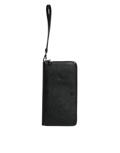 Dolce &amp; Gabbana Black Calfskin Leather Logo Zip Around Continental Wallet
