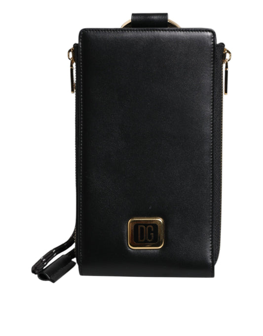 Dolce &amp; Gabbana Black Leather Logo Plaque Neck Strap Card Coin Wallet