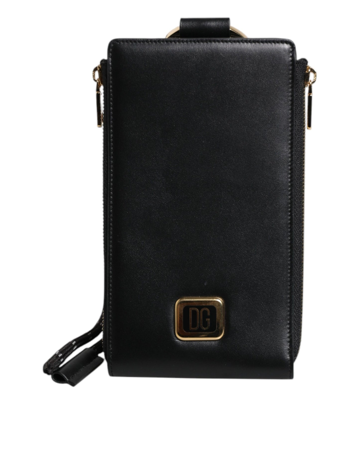 Dolce &amp; Gabbana Black Leather Logo Plaque Neck Strap Card Coin Wallet