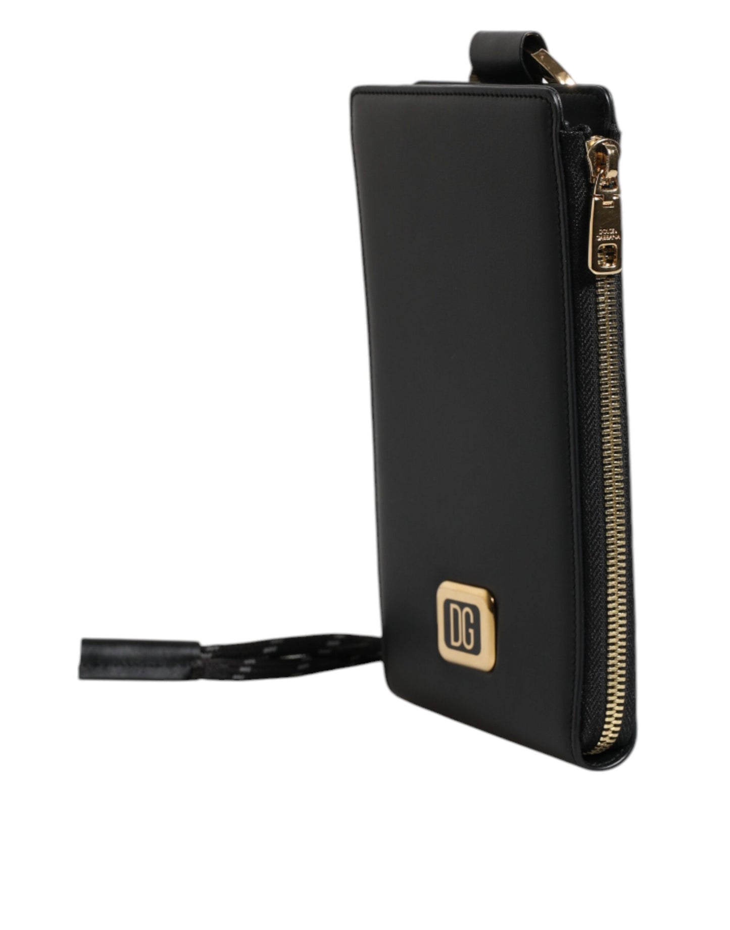 Dolce &amp; Gabbana Black Leather Logo Plaque Neck Strap Card Coin Wallet
