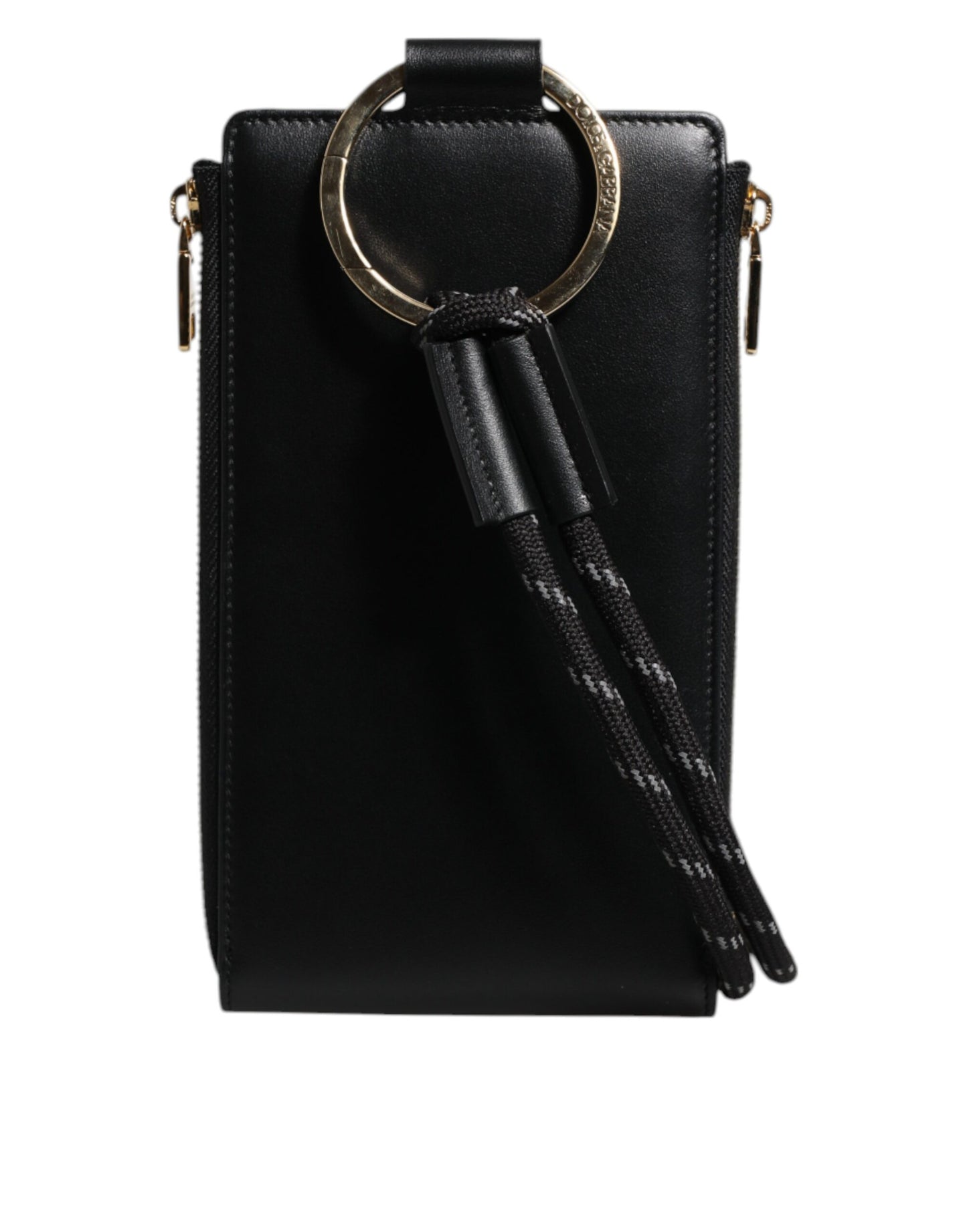 Dolce &amp; Gabbana Black Leather Logo Plaque Neck Strap Card Coin Wallet