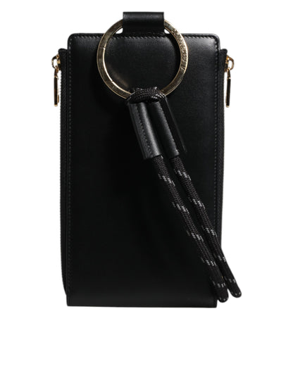 Dolce &amp; Gabbana Black Leather Logo Plaque Neck Strap Card Coin Wallet