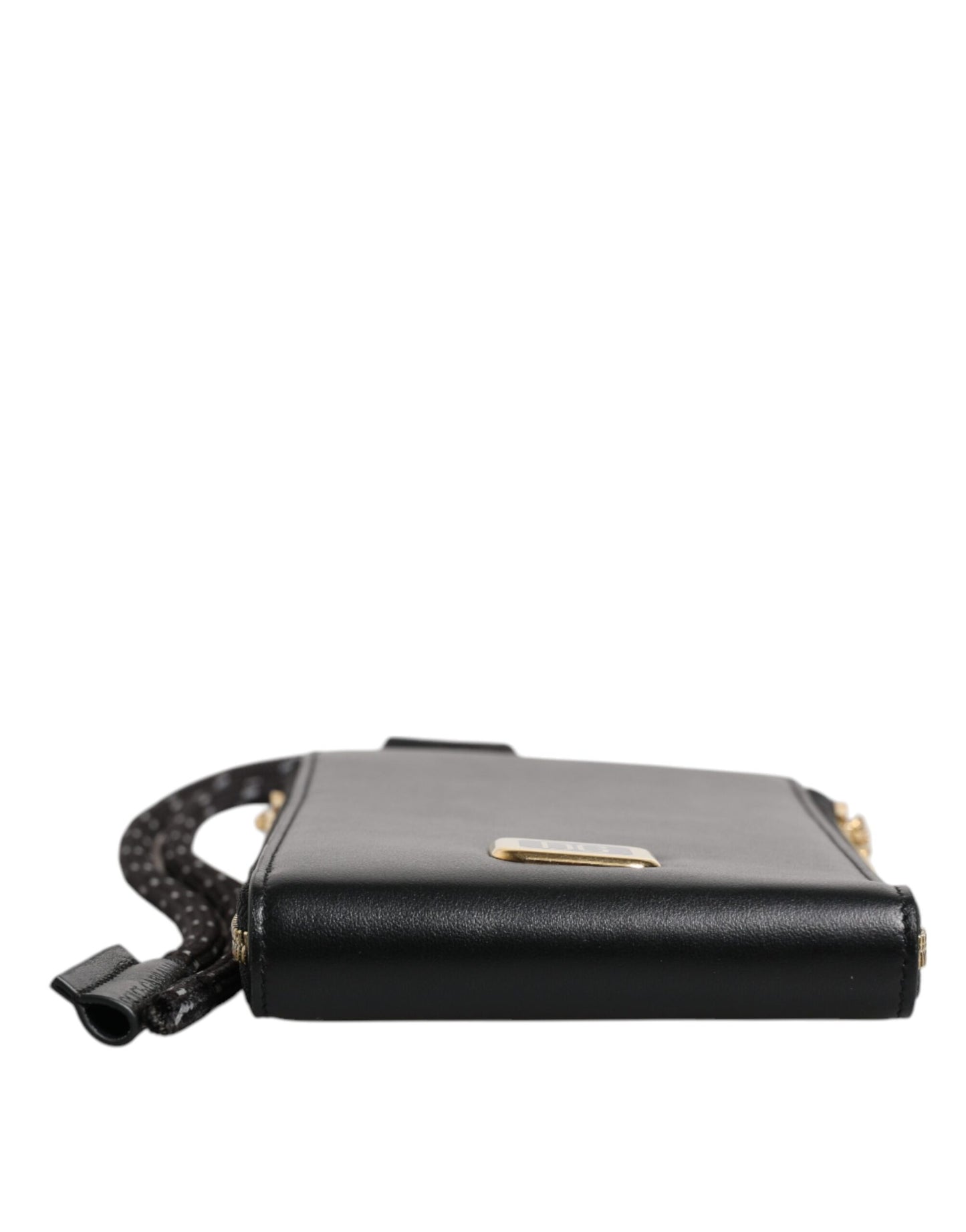 Dolce &amp; Gabbana Black Leather Logo Plaque Neck Strap Card Coin Wallet