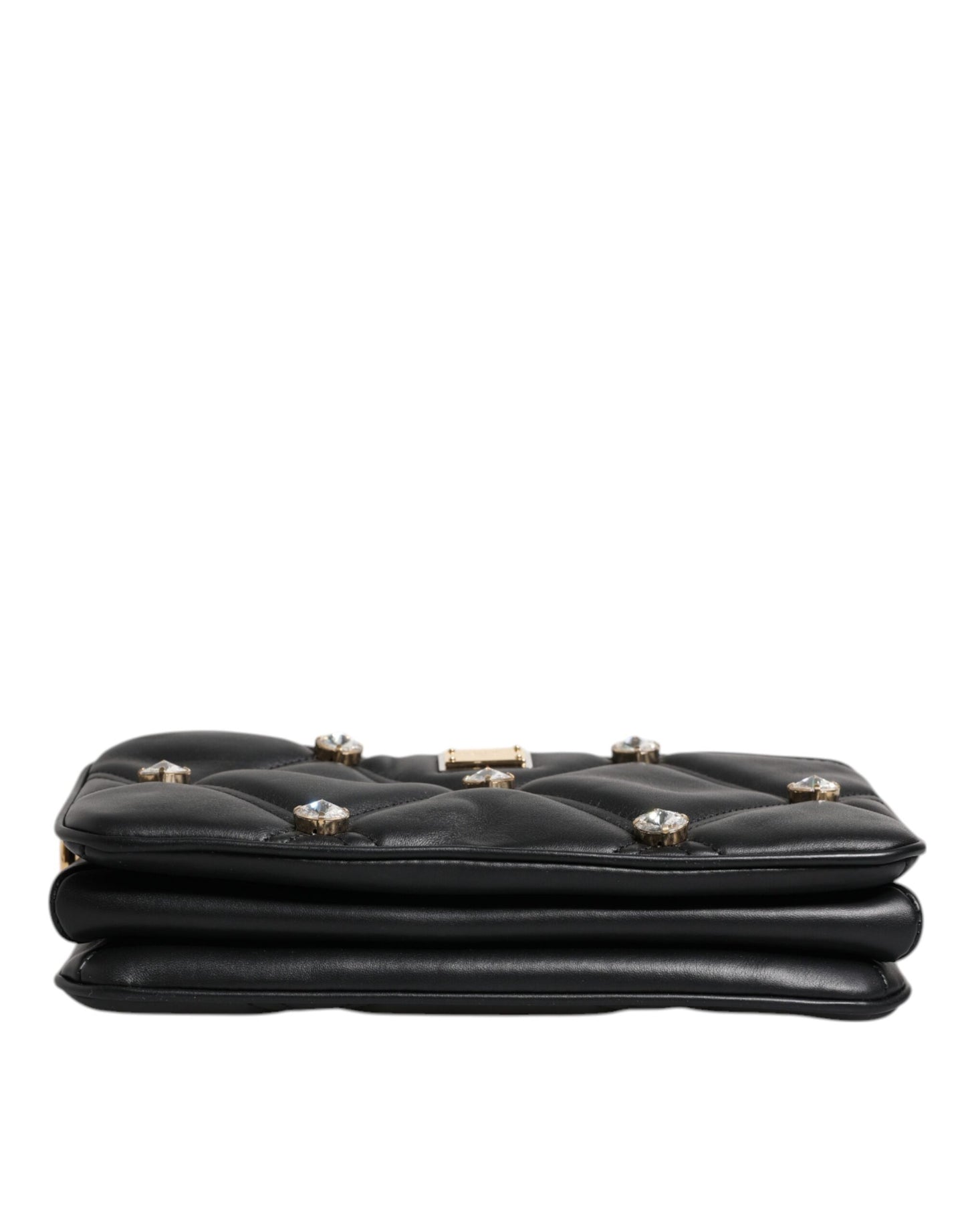 Dolce &amp; Gabbana Black Leather Crystal Embellished Logo Shoulder Bag