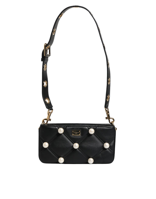 Dolce &amp; Gabbana Black Leather Pearl Embellished Logo Shoulder Bag