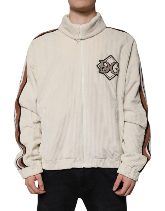 Dolce &amp; Gabbana – Beigefarbene Cordjacke aus Baumwollcord mit durchgehendem Reißverschluss und Logo-Applikation