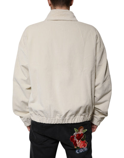Dolce &amp; Gabbana – Beigefarbene Cordjacke aus Baumwollcord mit durchgehendem Reißverschluss und Logo-Applikation