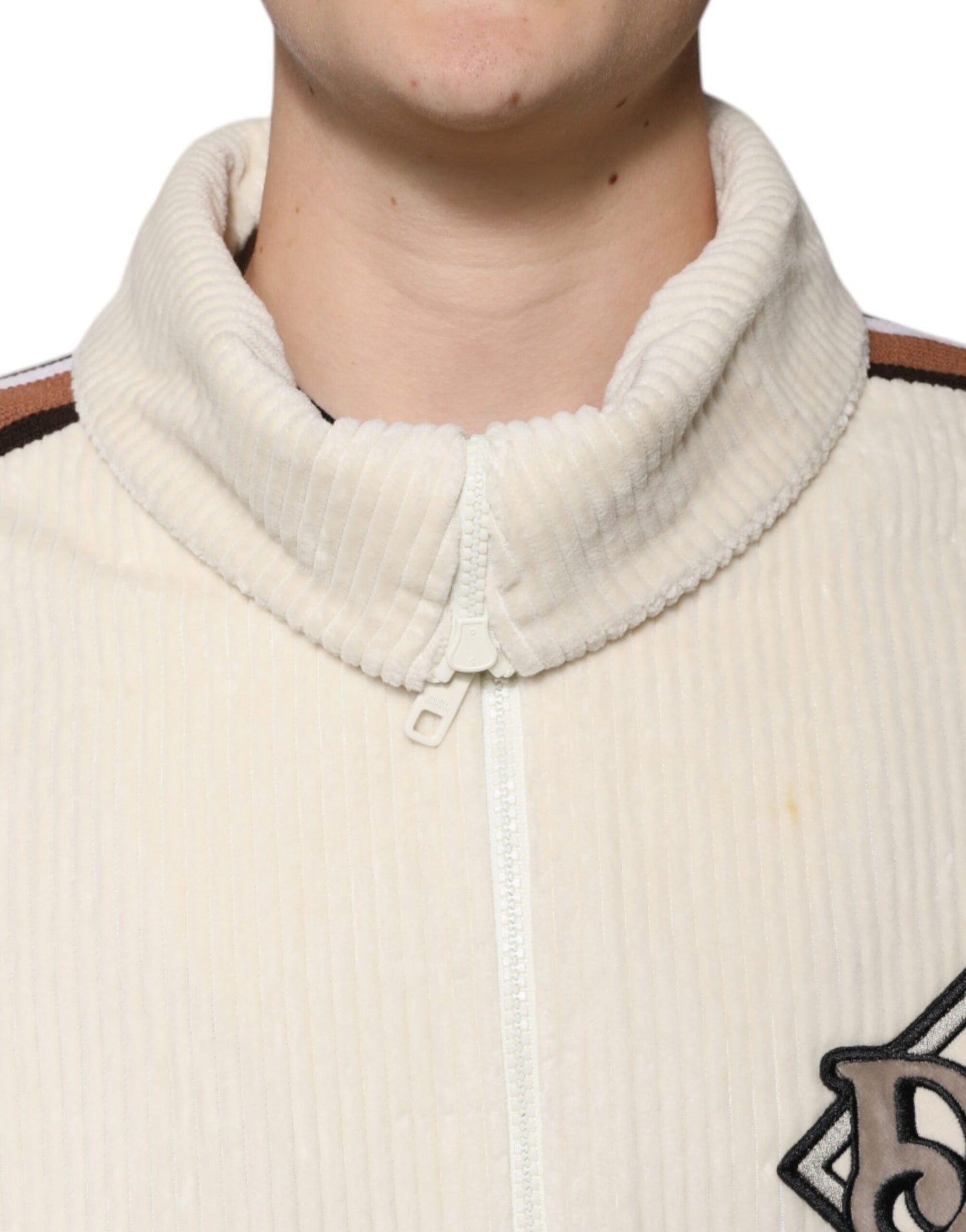 Dolce &amp; Gabbana – Beigefarbene Cordjacke aus Baumwollcord mit durchgehendem Reißverschluss und Logo-Applikation
