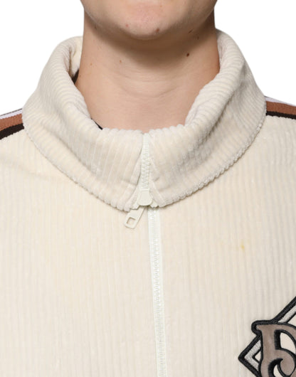 Dolce &amp; Gabbana – Beigefarbene Cordjacke aus Baumwollcord mit durchgehendem Reißverschluss und Logo-Applikation