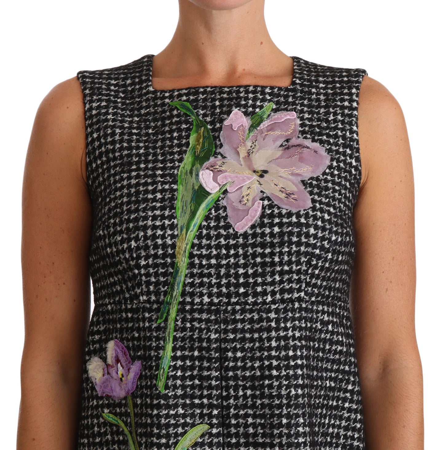 Dolce &amp; Gabbana – Graues Mini-Etuikleid mit Hahnentrittmuster und Blumenapplikation