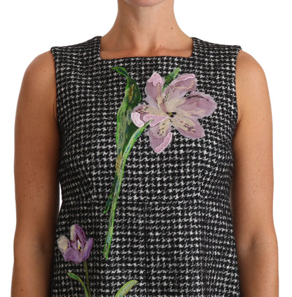 Dolce &amp; Gabbana – Graues Mini-Etuikleid mit Hahnentrittmuster und Blumenapplikation
