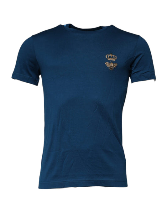 Dolce &amp; Gabbana – Blaues T-Shirt mit Krone und Biene aus Baumwolle für Herren