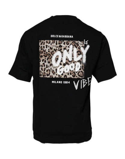 Dolce &amp; Gabbana Schwarzes Amore Leoparden-T-Shirt aus Baumwolle mit Rundhalsausschnitt