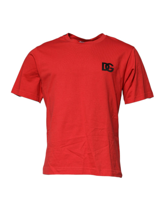 Dolce &amp; Gabbana – Rotes T-Shirt aus Baumwolle mit Rundhalsausschnitt und DG-Logo-Aufnäher