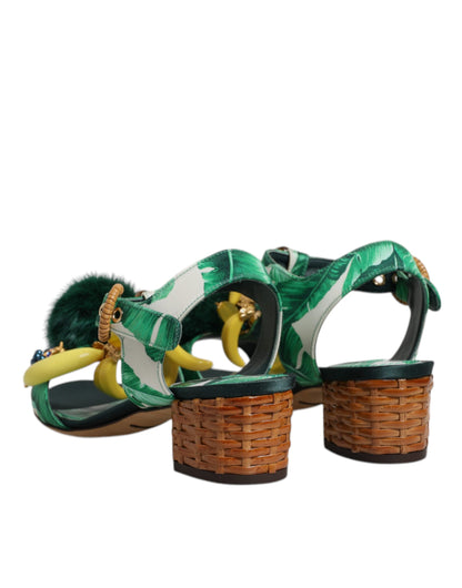 Dolce &amp; Gabbana Grüne Sandalen mit Kristall- und Pelzverzierung