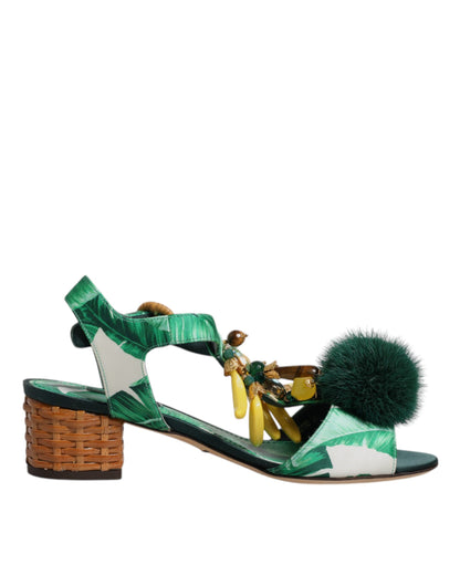 Dolce &amp; Gabbana Grüne Sandalen mit Kristall- und Pelzverzierung
