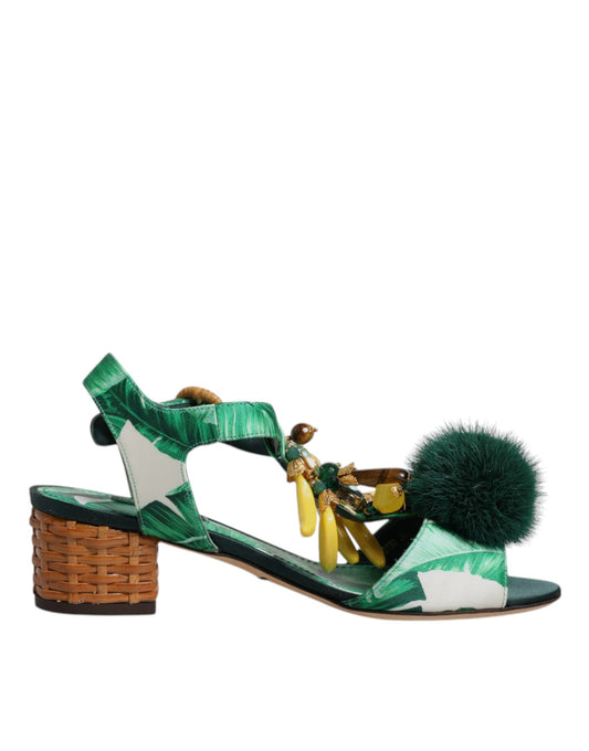 Dolce &amp; Gabbana Grüne Sandalen mit Kristall- und Pelzverzierung