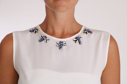 Dolce &amp; Gabbana – Weißes Seiden-T-Shirt mit Kristallverzierung