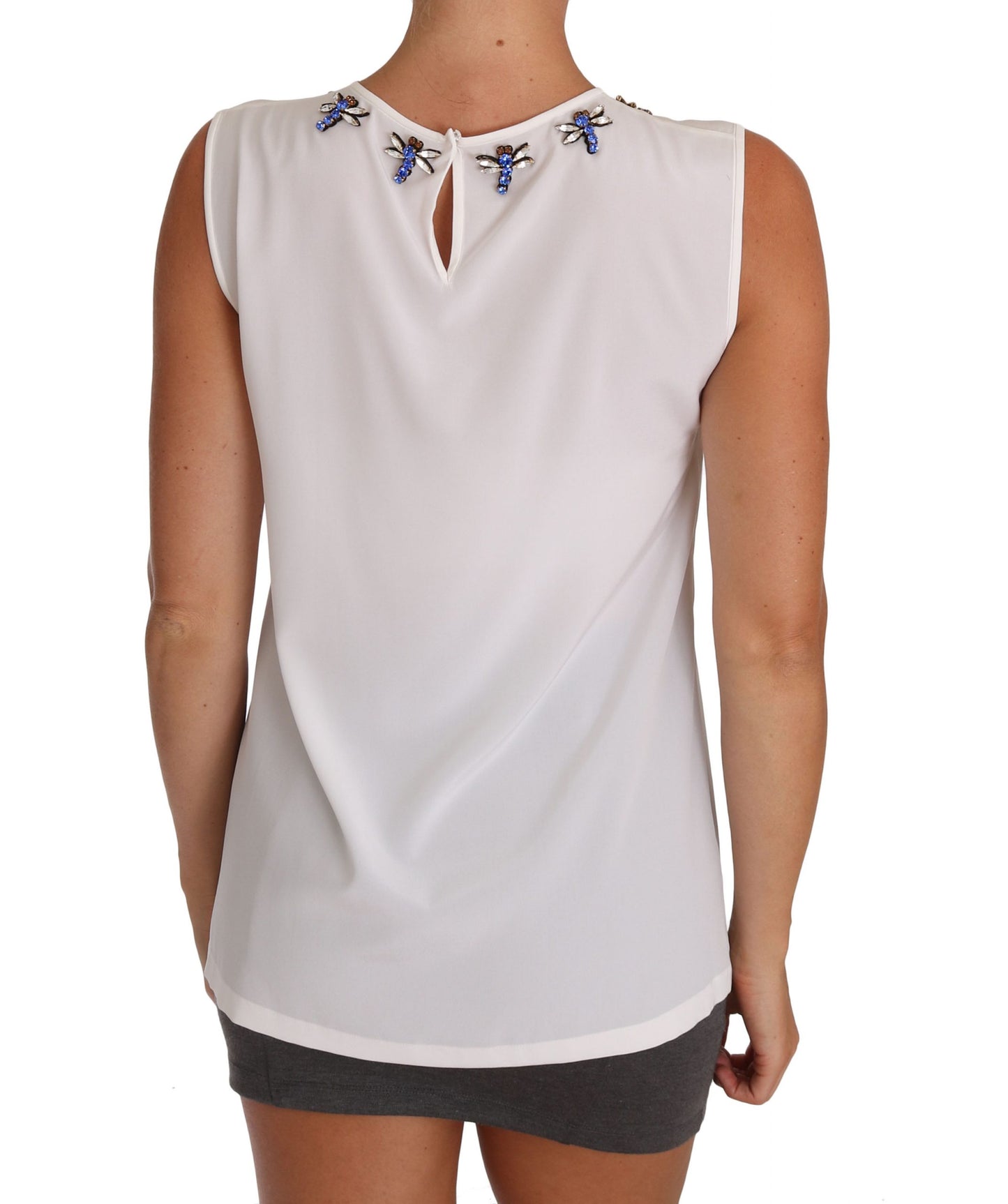 Dolce &amp; Gabbana – Weißes Seiden-T-Shirt mit Kristallverzierung