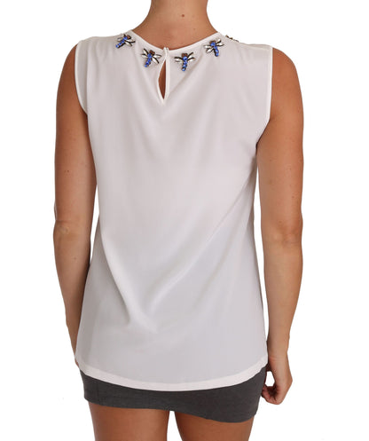 Dolce &amp; Gabbana – Weißes Seiden-T-Shirt mit Kristallverzierung