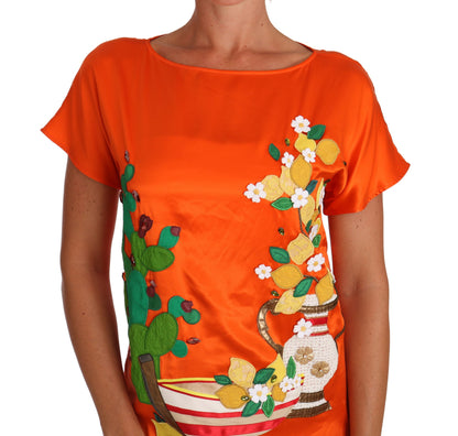 Dolce &amp; Gabbana Seiden-T-Shirt mit orange-zitronenfarbenem Kristall
