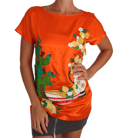 Dolce &amp; Gabbana Seiden-T-Shirt mit orange-zitronenfarbenem Kristall