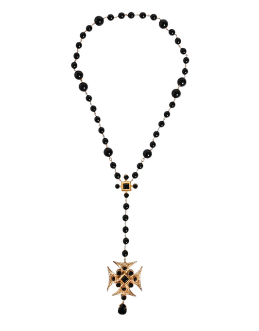 Dolce &amp; Gabbana – Rosenkranz-Halskette aus goldfarbenem Messing mit Kreuz und schwarzen Perlen
