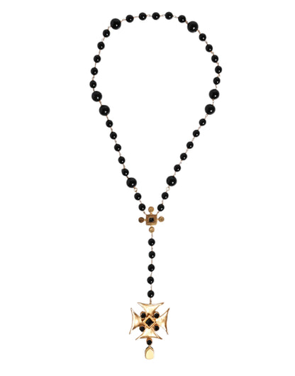 Dolce &amp; Gabbana – Rosenkranz-Halskette aus goldfarbenem Messing mit Kreuz und schwarzen Perlen