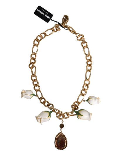 Dolce &amp; Gabbana Halskette mit Blumen- und Kristallanhänger aus goldenem Messing