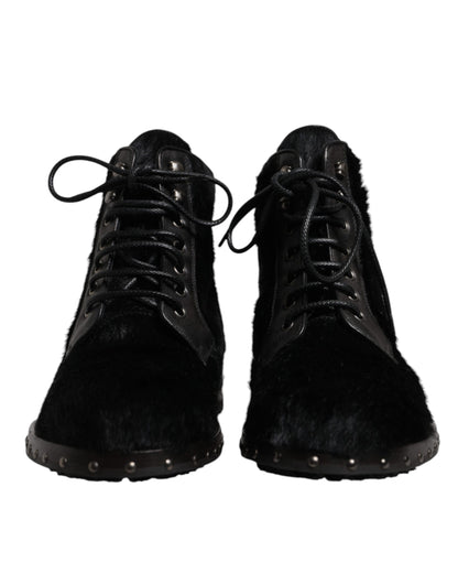 Dolce &amp; Gabbana Black Pony Style Leather Mid Calf Boots Shoes