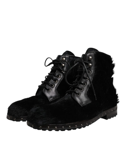 Dolce &amp; Gabbana Black Pony Style Leather Mid Calf Boots Shoes