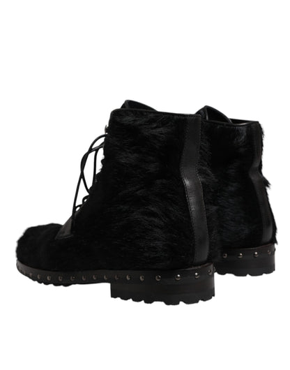 Dolce &amp; Gabbana Black Pony Style Leather Mid Calf Boots Shoes