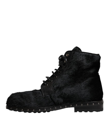 Dolce &amp; Gabbana Black Pony Style Leather Mid Calf Boots Shoes